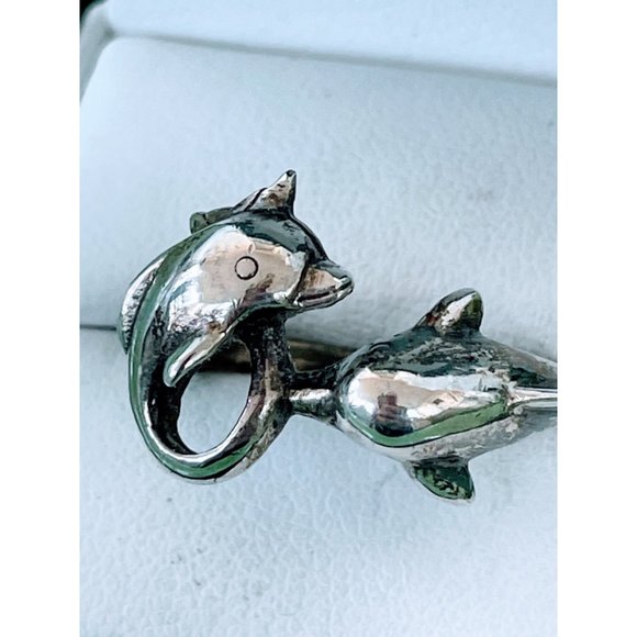 Vintage 925 Silver  Double Dolphin fish Ring Size 8.25 - Picture 8 of 11